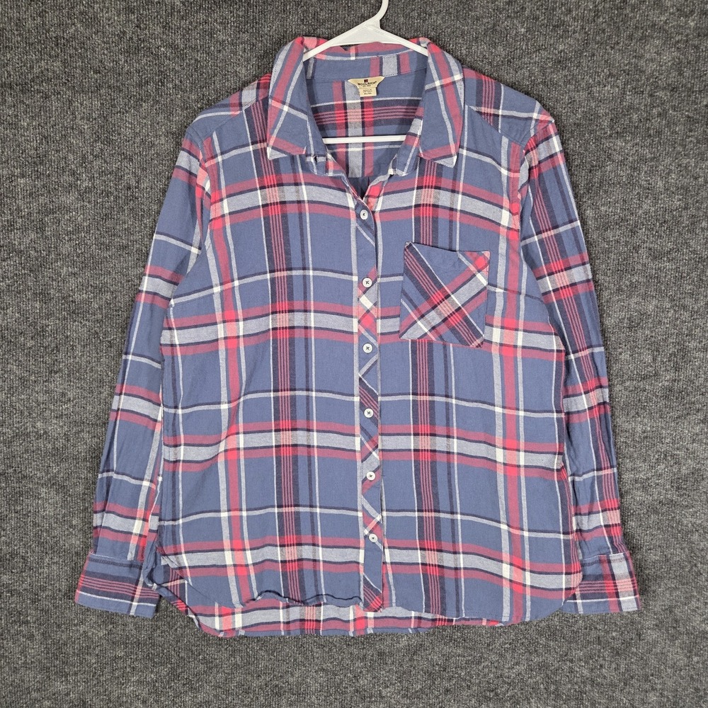 Woolrich Women XL Blue Pink Plaid Flannel Shirt Button Up Long Sleeve Cotton Top